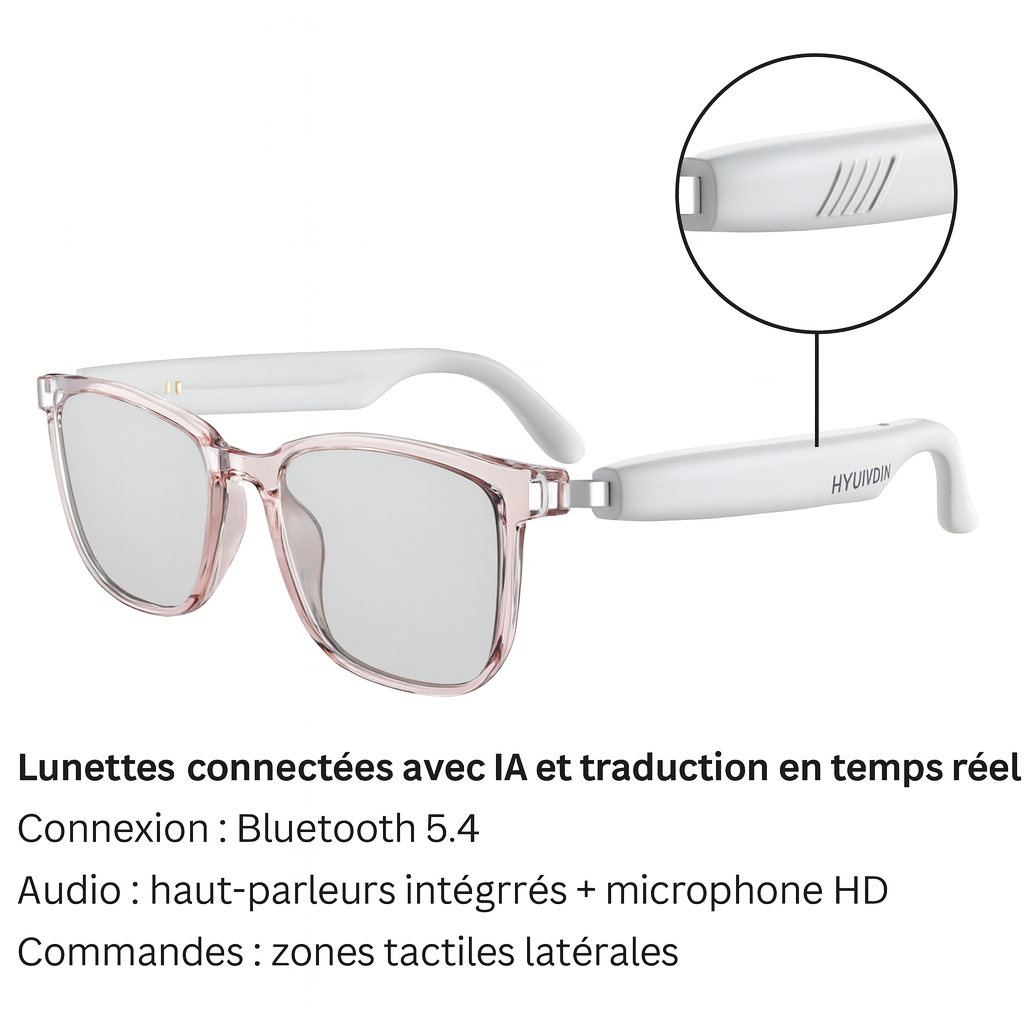 Lunettes connectées IA Blanche – Traduction & Audio Smart Pro