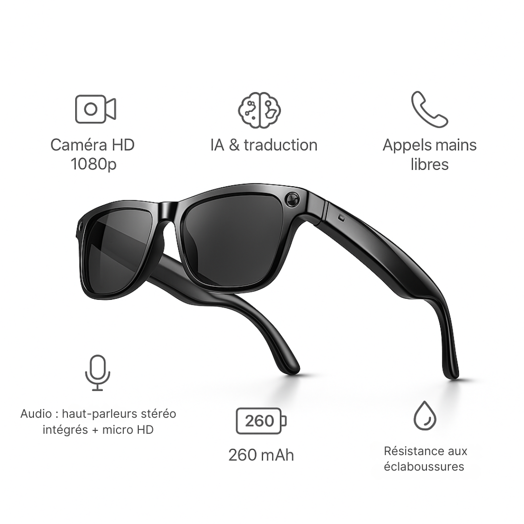 Lunettes Caméra IA Noires – VisionAir Smart 1080p