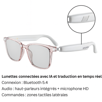 Lunettes connectées IA Blanche – Traduction & Audio Smart Pro